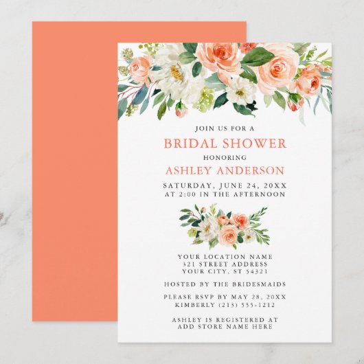 Invitation Aquarelle Fête des mariées de corail floral (Devant / Derrière)