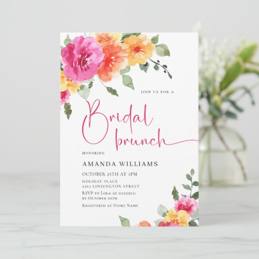 Invitation Aquarelle Fête des mariées de fleurs orange rose v (Debout devant)