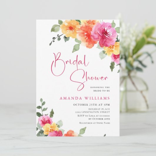 Invitation Aquarelle Fête des mariées de fleurs orange rose v (Debout devant)