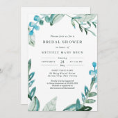 Invitation Aquarelle Fête des mariées Feuille bleu frais (Devant / Derrière)