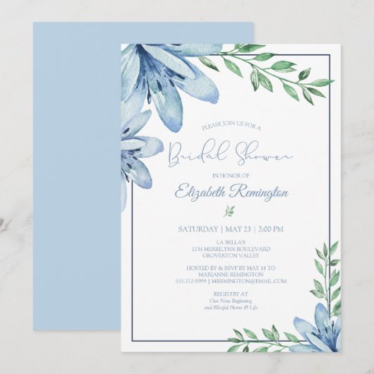 Invitation Aquarelle Fête des mariées Floral bleu (Devant / Derrière)