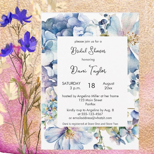 Invitation Aquarelle Fête des mariées florale bleu foncé