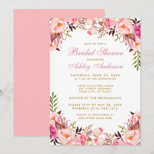 Invitation Aquarelle Fête des mariées florale rose et or (Devant / Derrière)