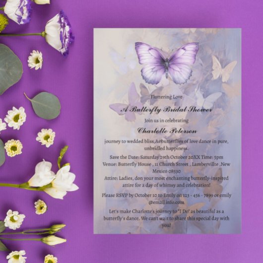 Invitation Aquarelle Fête des mariées papillon pourpre