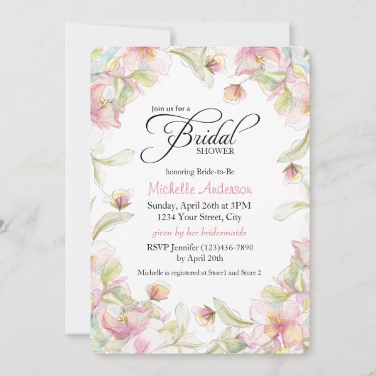 Invitation Aquarelle Fête des mariées Pastel Cadre Floral (Devant)