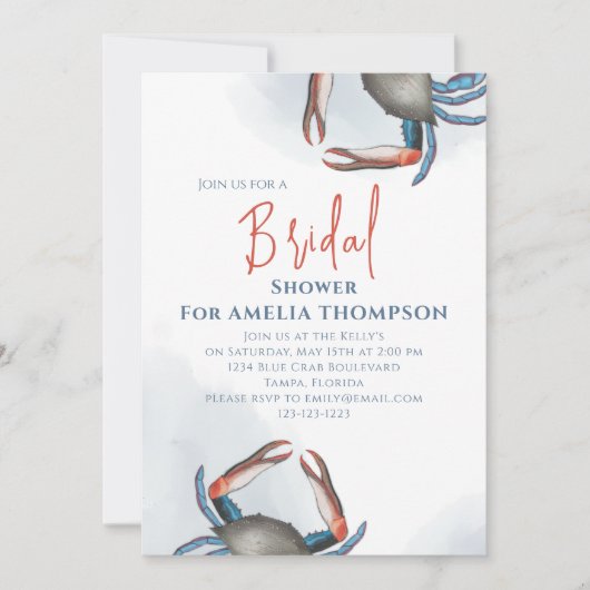 Invitation Aquarelle Fête des mariées simple Crabe bleu Code  (Devant)