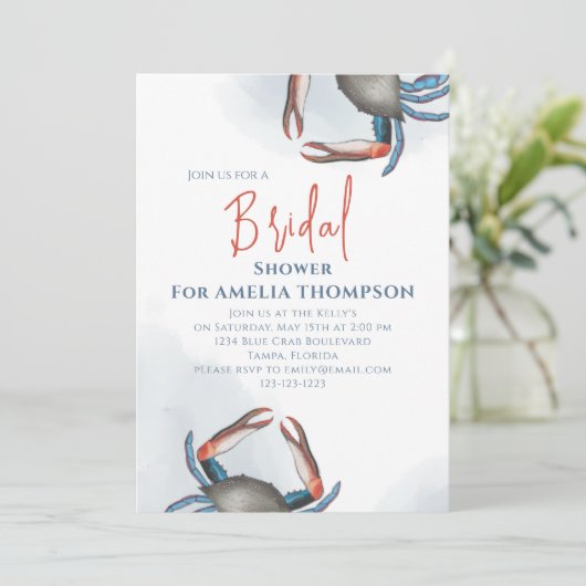 Invitation Aquarelle Fête des mariées simple Crabe bleu Code  (Debout devant)