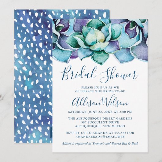 Invitation Aquarelle Fête des mariées Succulente (Devant / Derrière)