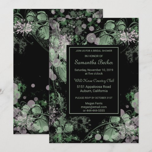 Invitation Aquarelle Fête des mariées végétale verte et rose (Devant / Derrière)