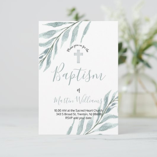Invitation aquarelle feuillage baptême (Debout devant)