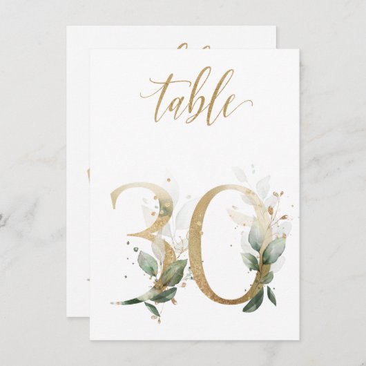 Invitation Aquarelle Feuillage vert et or, numéro de tableau (Devant / Derrière)