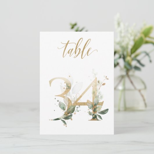 Invitation Aquarelle Feuillage vert et or, numéro de tableau  (Debout devant)