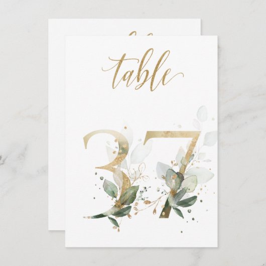 Invitation Aquarelle Feuillage vert et or, numéro de tableau  (Devant / Derrière)