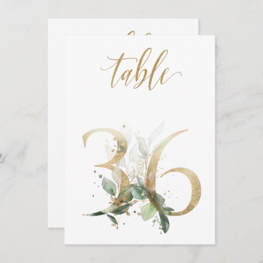 Invitation Aquarelle Feuillage vert et or, numéro de tableau (Devant / Derrière)