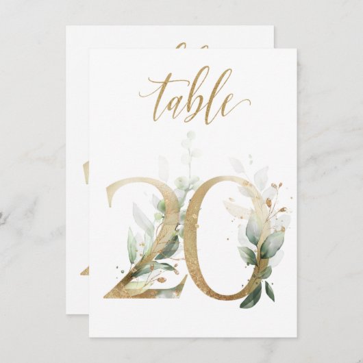 Invitation Aquarelle Feuillage vert et or, numéro de tableau  (Devant / Derrière)