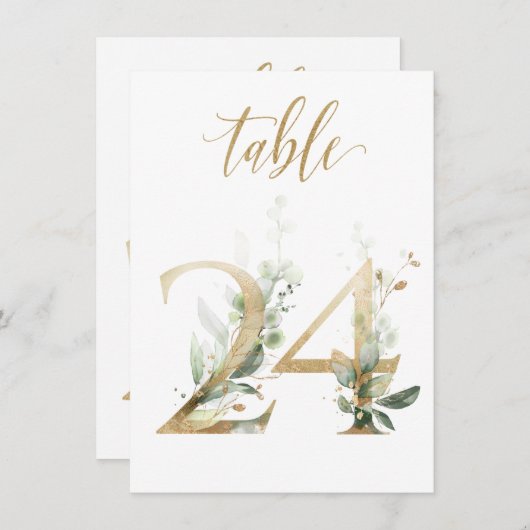 Invitation Aquarelle Feuillage vert et or, numéro de tableau (Devant / Derrière)