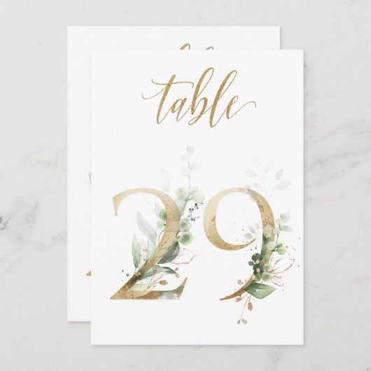Invitation Aquarelle Feuillage vert et or, numéro de tableau  (Devant / Derrière)