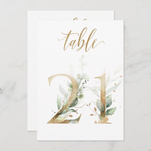 Invitation Aquarelle Feuillage vert et or, numéro de tableau  (Devant / Derrière)