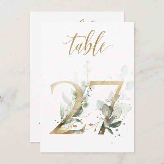 Invitation Aquarelle Feuillage vert et or, numéro de tableau  (Devant / Derrière)