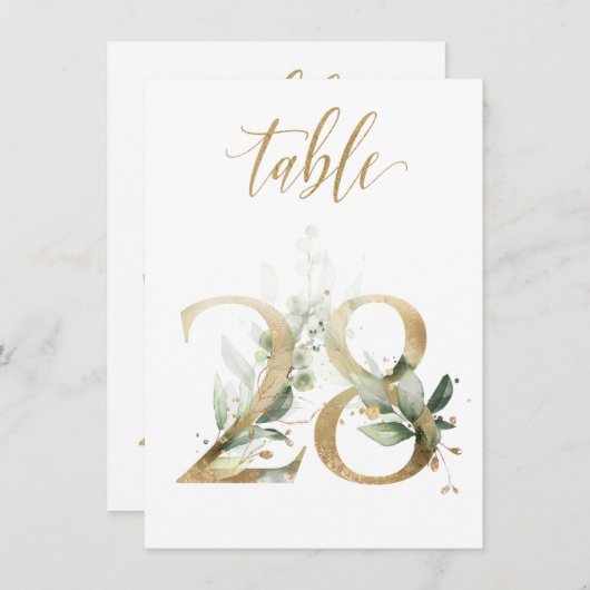 Invitation Aquarelle Feuillage vert et or, numéro de tableau (Devant / Derrière)