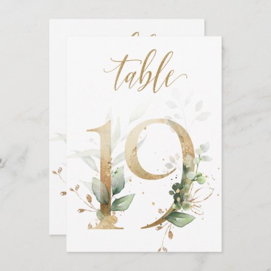 Invitation Aquarelle Feuillage vert et or, numéro de tableau  (Devant / Derrière)