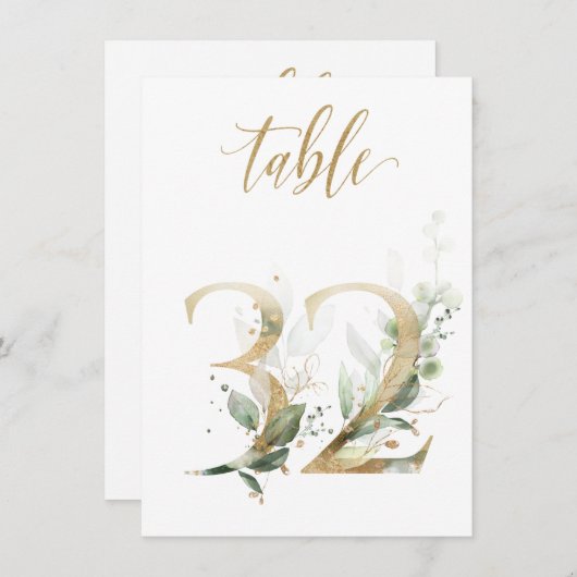 Invitation Aquarelle Feuillage vert et or, numéro de tableau (Devant / Derrière)