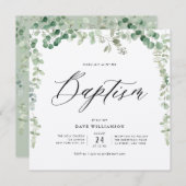 Invitation aquarelle feuillage vert kraft baptême (Devant / Derrière)