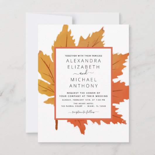 Invitation Aquarelle Feuille d'automne Orange Brown (Devant)