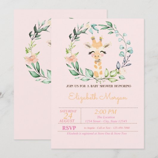 Invitation Aquarelle Feuille Fleur Baby Baby shower Giraffe (Devant / Derrière)