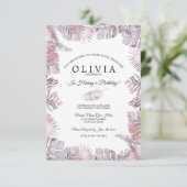Invitation Aquarelle Feuille tropicale Anniversaire Mauve Ros (Debout devant)