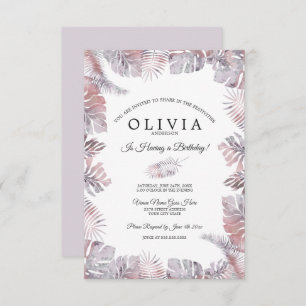 Invitation Aquarelle Feuille tropicale Anniversaire Mauve Ros