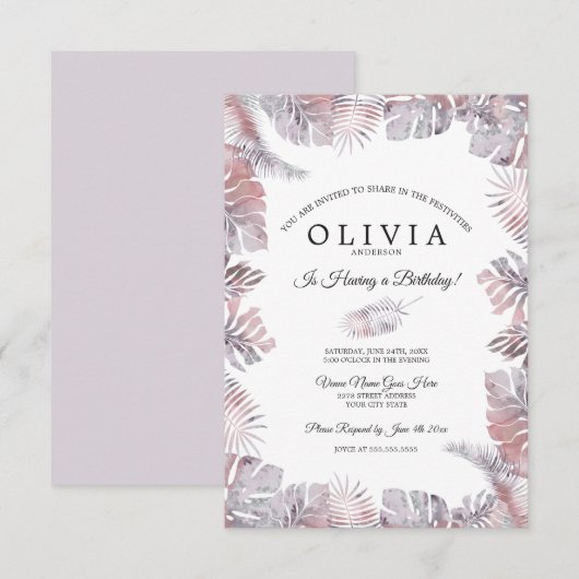 Invitation Aquarelle Feuille tropicale Anniversaire Mauve Ros (Devant / Derrière)