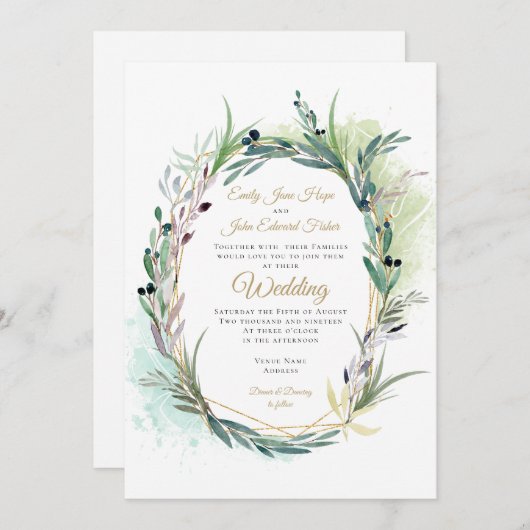 Invitation Aquarelle Feuilles en direct Wreath Mariage géomét (Devant / Derrière)