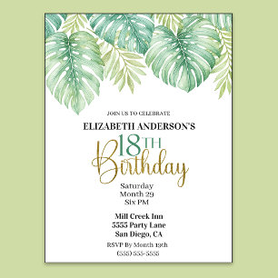 Invitation Aquarelle Feuilles Tropicales 18e Anniversaire