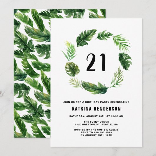Invitation Aquarelle Feuilles tropicaux Wreath été Anniversai (Devant / Derrière)