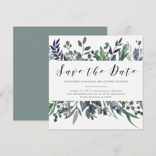 Invitation Aquarelle Feuillue | Mariage Économisez la Date (Devant / Derrière)
