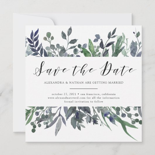 Invitation Aquarelle feuillue | Mariage Enregistrer la date (Devant)