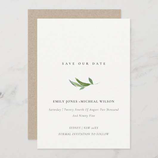 Invitation Aquarelle feuillue minimale Économisez Notre Date (Devant / Derrière)