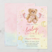 Invitation Aquarelle fille ours avec lunes / étoiles baby sho (Devant / Derrière)