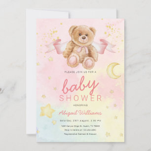 Invitation Aquarelle fille ours avec lunes / étoiles baby sho