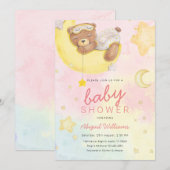 Invitation Aquarelle fille ours avec lunes / étoiles baby sho (Devant / Derrière)