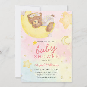 Invitation Aquarelle fille ours avec lunes / étoiles baby sho