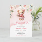 Invitation Aquarelle fille ours en peluche avec coeur et fleu (Debout devant)