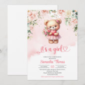 Invitation Aquarelle fille ours en peluche avec coeur et fleu (Devant / Derrière)