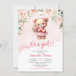 Invitation Aquarelle fille ours en peluche avec coeur et fleu