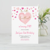 Invitation Aquarelle fille rose premier anniversaire Coeur (Debout devant)