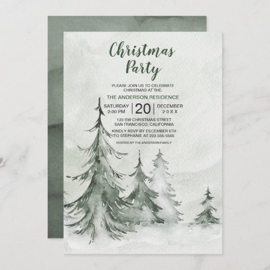 Invitation Aquarelle Fir Trees hiver, Noël (Devant / Derrière)