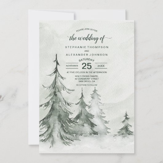 Invitation Aquarelle Fir Trees Mariage d'hiver (Devant)