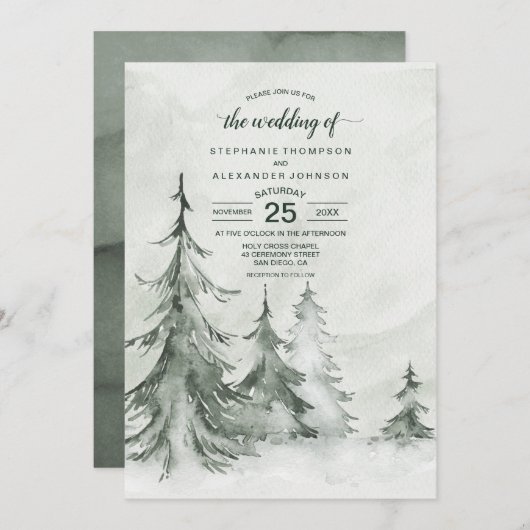 Invitation Aquarelle Fir Trees Mariage d'hiver (Devant / Derrière)