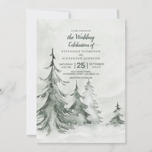 Invitation Aquarelle Fir Trees Mariage d'hiver (Devant)